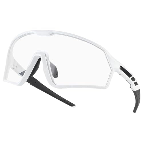 BangLong Photochromic Cycling glasses for Men Women, Clear Running MTB Sunglasses UV Protection - color: White Frame-photochromic
