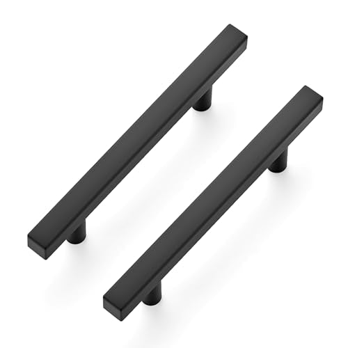 10 Pack Matte Black Cabinet Handles with 3-3/4 Inch (96 mm) Hole Center, Square Kitchen Hardware for Cabinets & Drawers, Stainless Steel Pulls, 6 Inch Overall Length - color: Matte Black Square T-Shaped, size: 3-3/4" Hole Center