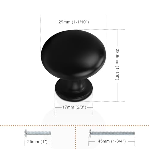 Probrico 5 Pack Cabinet Round Knobs in Black Finish,Kitchen Cabinet Pulls Hardware,1-3/16 inch(29.5mm) Diameter Furniture Pull Knobs - color: Black