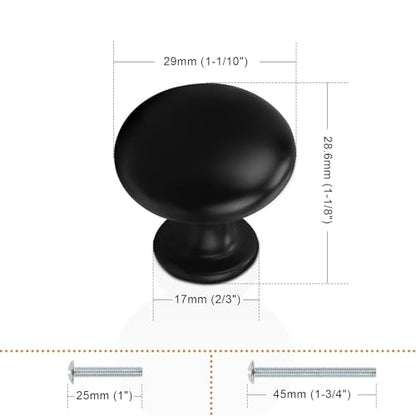 Probrico 5 Pack Cabinet Round Knobs in Black Finish,Kitchen Cabinet Pulls Hardware,1-3/16 inch(29.5mm) Diameter Furniture Pull Knobs - color: Black