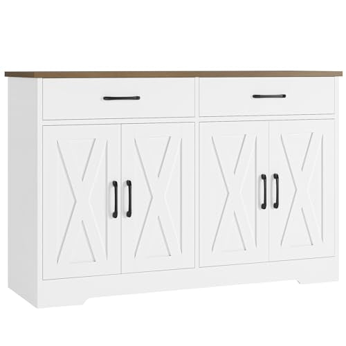 HOSTACK Buffet Cabinet with Storage, 47.2" Kitchen Sideboard Buffet with Drawers, Modern Farmhouse Coffee Bar Station with Shelves, Barn Doors Storage Cabinet for Living Room, White/Rustic Brown - color: White/Rustic Brown