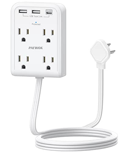 Surge Protector Power Strip, Outlet Extender Stick with USB C Ports, 4 Outlet 3 USB, 4 FT Extension Cord Flat Wall Plug, Home Office Dorm Room Essentials, White - color: White, size: 4 FT