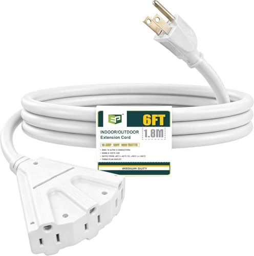 EP 6 Ft Outdoor Extension Cord with 3 Electrical Power Outlets - 16/3 SJTW White Cable with 3 Prong Grounded Plug for Safety Great for Christmas Lights, Garden and Major Appliances - color: White, size: 6ft