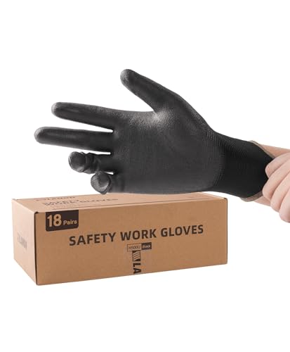 LANON Safety Work Gloves for Men and Women, 18 Pairs Mechanic Black Working Gloves with Grip Odorless PU Coated, Seamless Knit, Full Fingertip Touchscreen for Light Duty Working Gloves, Large - color: Black, size: Large (Pack of 18)