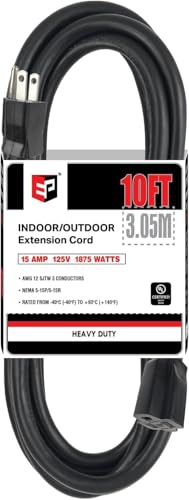EP 10 Ft Outdoor Extension Cord - 12/3 SJTW Heavy Duty Black Extension Cable with 3 Prong Grounded Plug - Power Cord for Lawn, Garden, Appliances - color: Black, size: 10ft