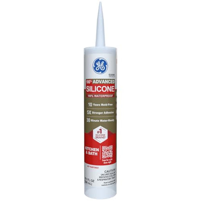 GE Advanced Silicone Caulk for Kitchen & Bathroom, Clear, 10 fl oz Cartridge, 1 Pack - 100% Waterproof Silicone Sealant, 5X Stronger Adhesion, Shrink & Crack Proof - color: Clear, size: Pack of 1