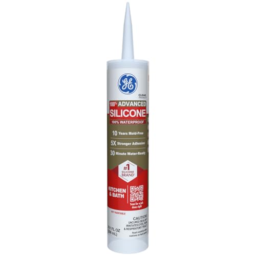 GE Advanced Silicone Caulk for Kitchen & Bathroom, Clear, 10 fl oz Cartridge, 1 Pack - 100% Waterproof Silicone Sealant, 5X Stronger Adhesion, Shrink & Crack Proof - color: Clear, size: Pack of 1