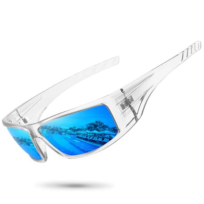 Polarized Sports Sunglasses for Men Women Unbreakable Frame Cycling Fishing Wrap Around Sunglasses UV400 Protection - color: 1-clear Frame/Blue Mirror Lens
