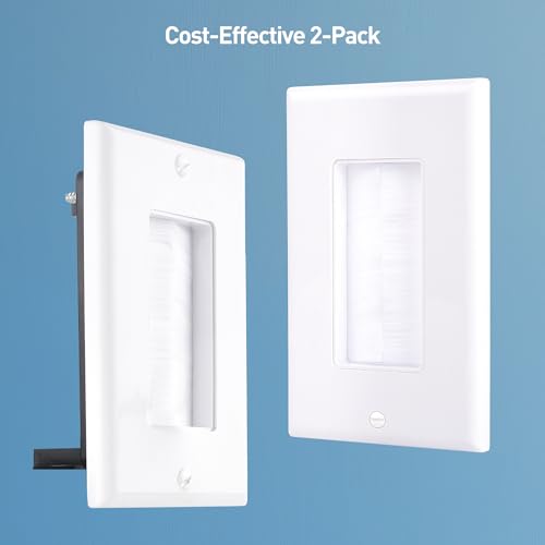 Cable Matters 2-Pack 1-Gang Wall Cable Pass Through, Brush Wall Plate with Bracket, InWall Cable Management Solution for Home and Office, White