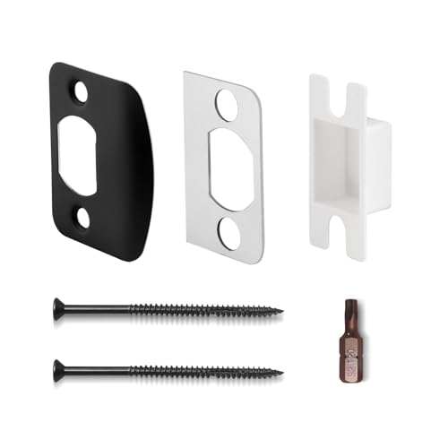 Standard Door Strike Plate with Reinforced 3" & 1" Torx/Star Screws, Striker Restorer Kit with Spacer Shim Plates, T20 Screw Bit, Wood Dowels (Black, 1 Pack) - color: Black, size: 1 Pack (with 3" & 1" Screws)