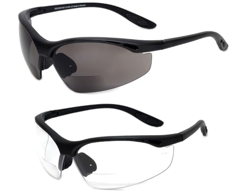 Calabria 91348 2 Pack Bulk Bifocal Reading Safety Glasses +1.50 Clear/Grey Mens Womens Wrap Around Eye Protection Protective - color: Clear/Smoke Grey (2 Pack)