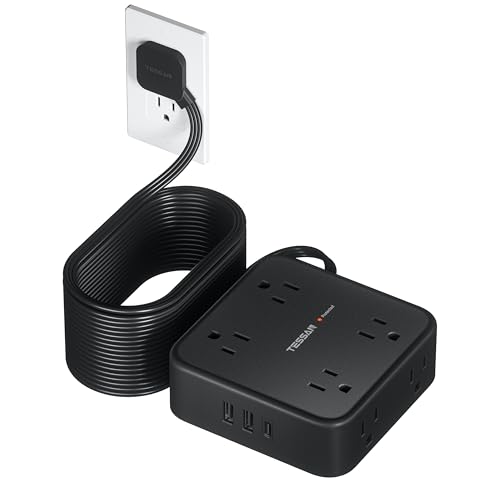 TESSAN Surge Protector Power Strip, 25 Ft Flat Plug Extension Cord with 3 USB (1 USB C) 8 Outlets, 1250W, 900J Protection, 3 Sided Outlet Extender with Power Switch for Office, Dorm Room, Black - color: Black with 1 USB C, size: 25 feet