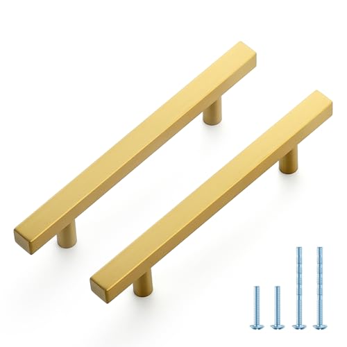 JOY DECOR 10 Pack 4 Inch Brushed Brass Square Cabinet Handles Stainless Steel Cabinet Hardware Pulls for Kitchen and Drawers with 6-2/5 Inch Overall Length - color: Brushed Brass, size: 4 Inch Hole Center