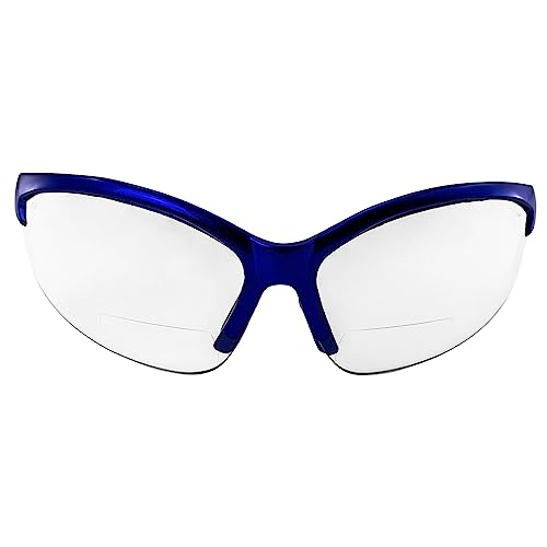 Global Vision Contender Bifocal Safety Glasses Blue Frame Clear Lens ANSI Z87+ for Men and Women Magnifying Reader 1.0 to 2.5 - size: 1.00