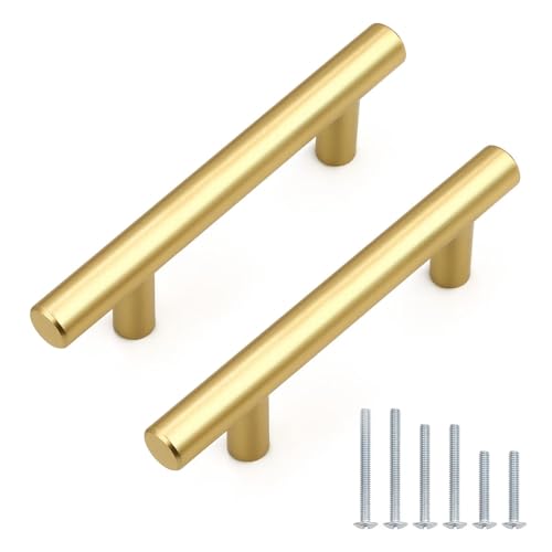 Probrico 5 Pack Hole Centers (76mm) 3inch Gold Kitchen Cabinet Handles Stainless Steel Polished Gold Cabinet Pulls Round T Bar Pull Handle for Cabinets and Drawers Total Length 5inch(127mm) - color: Gold, size: Hole Centers: 3"