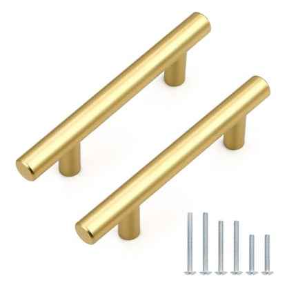 Probrico 5 Pack Hole Centers (76mm) 3inch Gold Kitchen Cabinet Handles Stainless Steel Polished Gold Cabinet Pulls Round T Bar Pull Handle for Cabinets and Drawers Total Length 5inch(127mm) - color: Gold, size: Hole Centers: 3"
