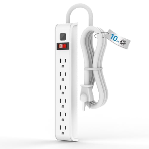 TiFFCOFiO Surge Protector Power Strip, 10 Feet Extension Cord, 600 Joules Surge Protection, Multiple Protection 6 Outlet Strip, 14 AWG Cord, 15A/1875W, ETL Listed - size: 10 FT, style: 1 PACK