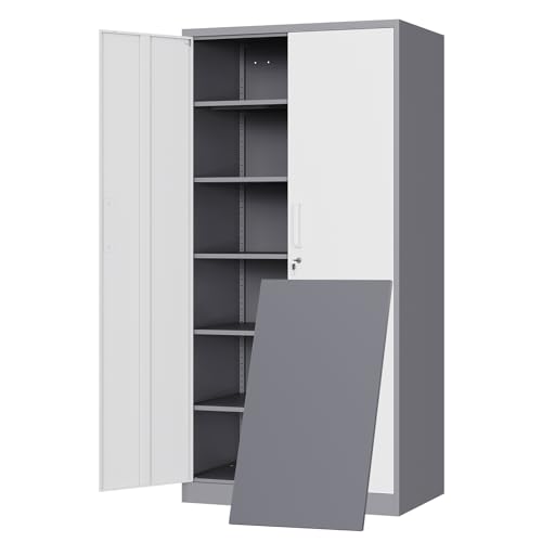 Yizosh Metal Storage Cabinet with 2 Locking Doors and 5 Adjustable Shelves, 72" Garage Storage Cabinet Steel Lockable for Office,Home,Garage - color: Gray White, size: 72"H x 36"W x 18"D
