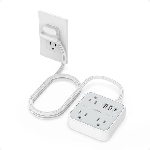 TESSAN Ultra Thin Flat Extension Cord 5 FT, Slim Power Strip with USB Ports (1 USB C), Non Surge Protector Flat Plug Wall Charger with 3 Outlets for Office, School, Alaska Cruise Essentials, Grey - color: Grey White, size: 5 FT(Ring Plug)