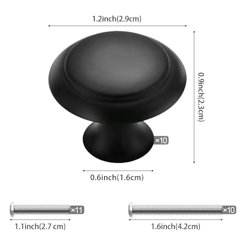 10PCS Cabinet Knobs for Dresser Drawers，1.2 Inch Premium and Elegant Matte Black Round Cabinet Knobs，Modern Single Hole Single Zinc Alloy Handle，Drawer Pulls，Dresser Door Knobs