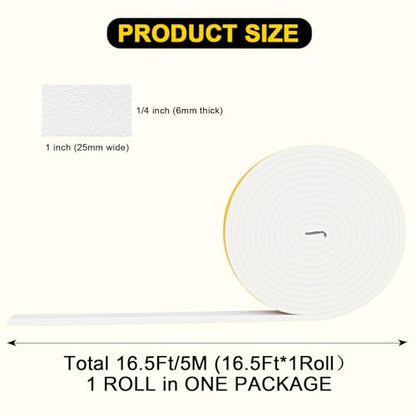 Foam Weather Stripping, 1 in x 1/4 in x 16.5Ft White Foam Insulation Tape, Tool-Free for Local Wide Medium Gap Sealing - color: White, size: 1 In x 1/4 In x 16.5Ft
