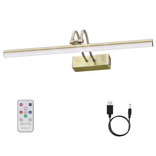 RAIFOOLLY Picture Light, Cordless Picture Lights for Wall, 16inch Painting Light with Timer and Dimmable, 5000mAh Battery Wall Lights for Display Gallery Art Frame Portrait, Metal, Antique Brass - color: Antique Brass, size: 16"