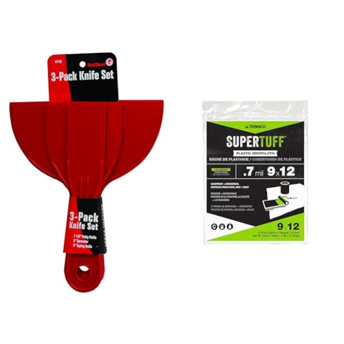 Red Devil 4718 3-Piece Plastic Knife Set & Trimaco 03307 9' x 12' SuperTuff Plastic Drop Cloth Bundle