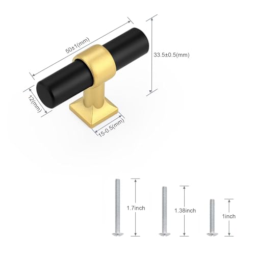 5Pack Single Hole Black Cabinet Knobs with Brushed Brass Base T Shaped Dold Kitchen Cabinet Knobs Hardware Pull Knob for Cabinets and Drawers 50mm Total Length - color: Black with Brushed Brass Base, size: Single Hole-2inch Length