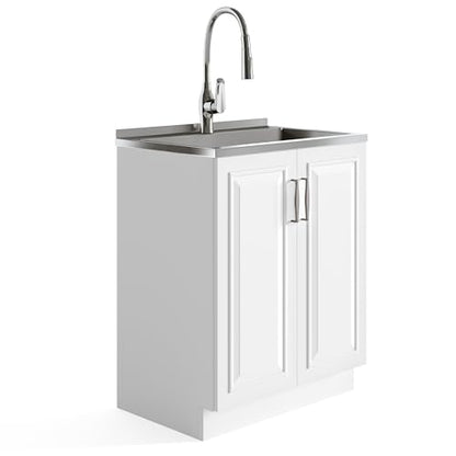 SIMPLIHOME Darwin All-in-One 28 inch Wide Utility Sink and Laundry Cabinet in Pure White Finish, Transitional Stainless Steel Sink Cabinet for Laundry Rooms with High-Arch Pull-Out Faucet and Storage - size: 28 Inch, style: Stainless Steel Sink