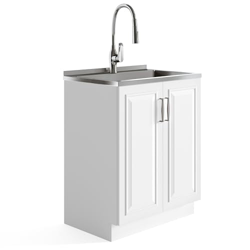 SIMPLIHOME Darwin All-in-One 28 inch Wide Utility Sink and Laundry Cabinet in Pure White Finish, Transitional Stainless Steel Sink Cabinet for Laundry Rooms with High-Arch Pull-Out Faucet and Storage - size: 28 Inch, style: Stainless Steel Sink