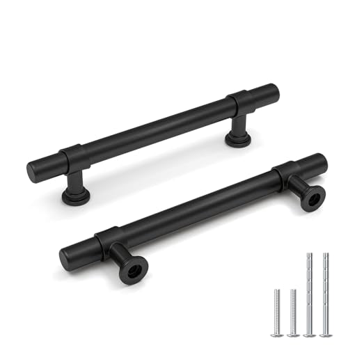 Goldenwarm 10 Pack Black Cabinet Handles Matte Black Cabinet Pulls - LST18BK96 Kitchen Drawer Pulls Rustic Drawer Handles 3-3/4 Inch Hole Center T Bar Dresser Hardware - color: Black, size: 3-3/4 in Hole Center (96mm)