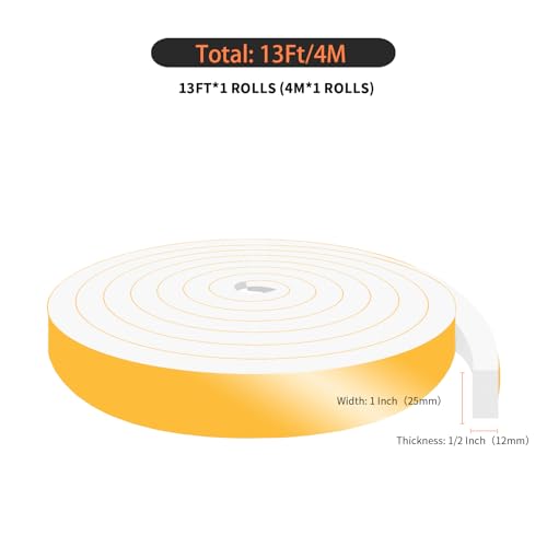 Weather Stripping Door Seal,Weather Stripping,Soundproof,Cold Insulation,High Density CR Foam Insulation Tape for Door, Front Door Frame, Windows(White,1 in x 1/2 in x 13Ft) - size: 1 In x 1/2 In x 13 Ft