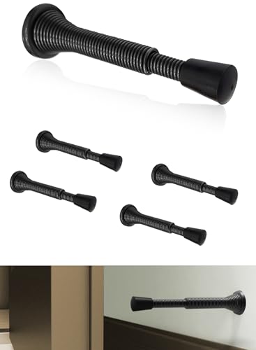 Greatim 5 Pack Spring Door Stoppers for Bottom of Door, Extendable 3”-4” Oil-Rubbed Brass Wall Mount Door Stops for Door Protection, Doorstops for Inside Door, Flexible Door Stop with Black Bumper