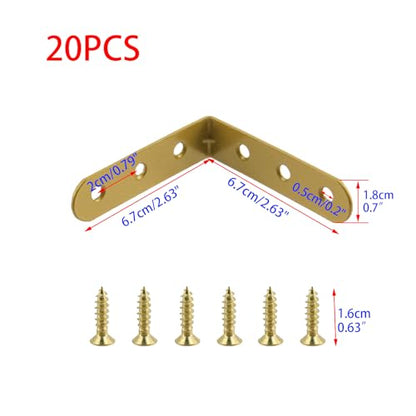 Wealrit 20 PCS L Shape Bracket Corner Braces Gold Right Angle Brackets, Wood Furniture Fastener with Screws for Cabinet Chair Drawer Length- 2.63" - size: 2.63"