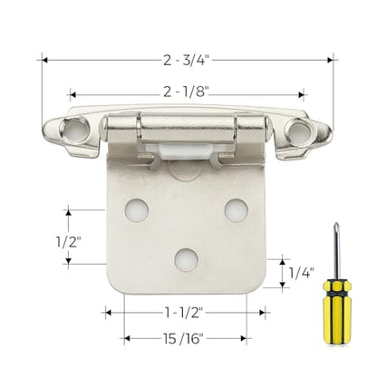 Ravinte 2 Pack 1 Pairs 1/2 Inch Overlay Cabinet Door Hinges Kitchen Satin Nickel Semi-Concealed Face Mount Self-Closing Cabinet Hinges with Bumpers & Screwdriver - size: 1/2 inch Overlay