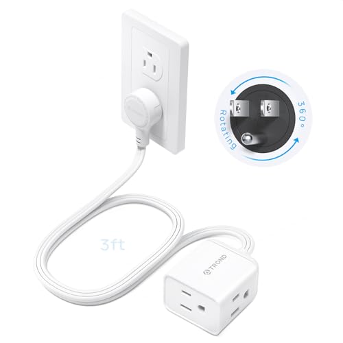 TROND Short Extension Cord 3ft with 360° Rotating Flat Plug, Low Profile Small Power Strip, Three Prong Grounded Outlets Cube, 13A, 16 AWG Cable for Indoor Home Office Cruise Travel Essentials, White - color: White, size: 3 ft, style: No Surge Protection
