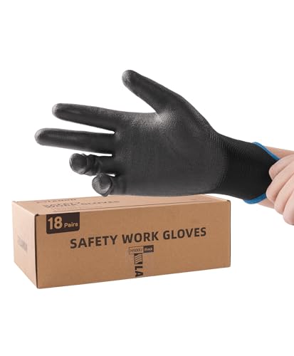 LANON Safety Work Gloves for Men and Women, 18 Pairs Mechanic Black Working Gloves with Grip Odorless PU Coated, Seamless Knit, Full Fingertip Touchscreen for Light Duty Working Gloves, Medium - color: Black, size: Medium(Pack of 18)