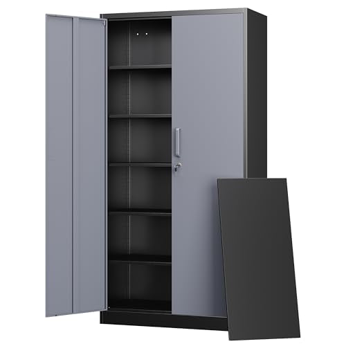 Letaya Metal Storage Cabinets with Lock Door and 5 Adjustable Shelves, Steel Garage Tool Organization Cabinets for Home,Utility Room, Warehouse,Lockers(71"-Black Gray) | Lock Door, 5 Adjustable Shelves, Garage, Lockers - color: Black Grey, size: 71 X 32 X