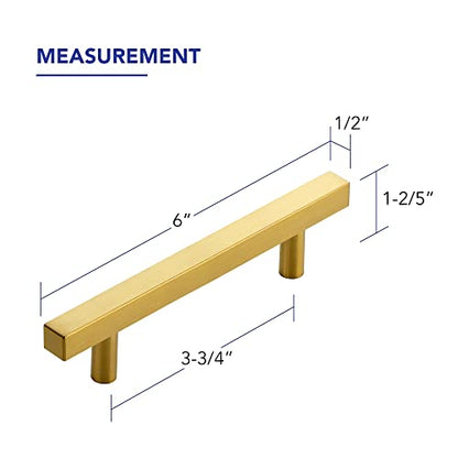 10 Pack Brushed Brass Cabinet Handles with 3-3/4 Inch (96 mm) Hole Center, Square Kitchen Hardware for Cabinets & Drawers, Stainless Steel Pulls, 6 Inch Overall Length - color: Brushed Brass Square T-Shaped, size: 3-3/4" Hole Center