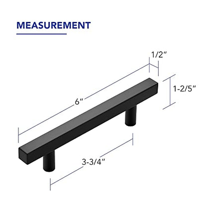 10 Pack Matte Black Cabinet Handles with 3-3/4 Inch (96 mm) Hole Center, Square Kitchen Hardware for Cabinets & Drawers, Stainless Steel Pulls, 6 Inch Overall Length - color: Matte Black Square T-Shaped, size: 3-3/4" Hole Center