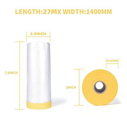 TAPEBEAR Pre-Taped Masking Film, Tape and Drape, Plastic Sheeting Roll, Automotive Painters Masking Tape Film, Plastic Sheeting Cover for Appliance and Furniture, 5feet X 90feet,1400mm x 27m, 3Rolls - size: 1400mm x 27m