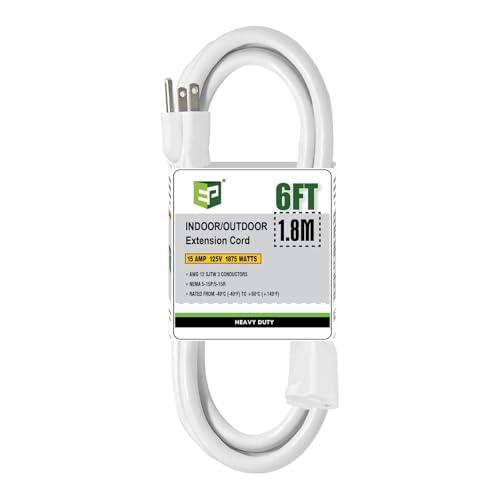 EP 12/3 6 FT Indoor Outdoor White Extension Cord Waterproof, 12 Gauge 3 Prong Power Cord Flexible Resistant Appliance Extension Cable Electric Cable Outside, 15A 1875W 12AWG SJTW, ETL Listed - color: White, size: 6ft
