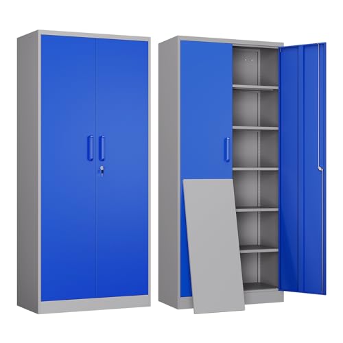 Yizosh Metal Garage Storage Cabinet with 2 Doors and 5 Adjustable Shelves - 71" Steel Lockable File Cabinet,Locking Tool Cabinets for Office,Home,Garage,Gym,School (Gray Blue) - color: Gray Blue, size: 71"H x 32"W x 16"D