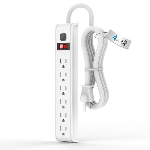 TiFFCOFiO Surge Protector Power Strip, 4 Feet Extension Cord, 600 Joules Surge Protection, Multiple Protection 6 Outlet Strip, 14 AWG Cord, 15A/1875W, ETL Listed - size: 4 ft (1 Pack), style: 1 PACK