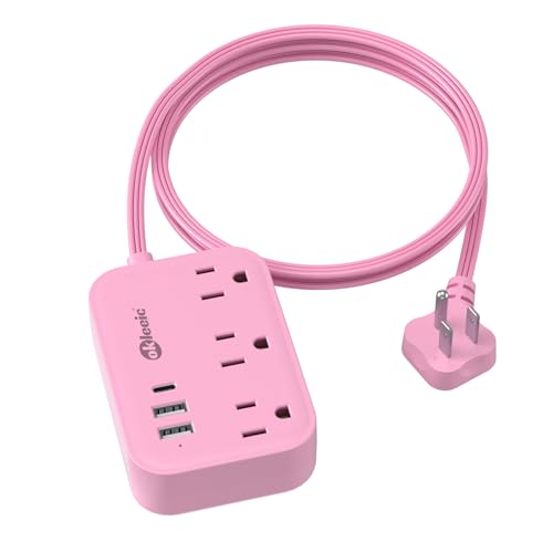 Pink Power Strip - 5Ft Extension Cord with 3 USB(1 USB C) Charging Station and 3 Outlets, Pink Desk Accessories for Cruise Travel Cute Kawaii College Dorm Desk Home Essentials - size: 5FT-Pink