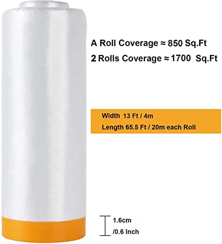 Pre-Taped Masking Film 13ft x 130ft Painters Plastic Sheeting Roll, Clear Plastic Sheeting Cover Plastics Drop Cloths for Painting, Automotive Appliance (2 Rolls, 65ft Per Roll)