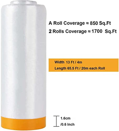 Pre-Taped Masking Film 13ft x 130ft Painters Plastic Sheeting Roll, Clear Plastic Sheeting Cover Plastics Drop Cloths for Painting, Automotive Appliance (2 Rolls, 65ft Per Roll)