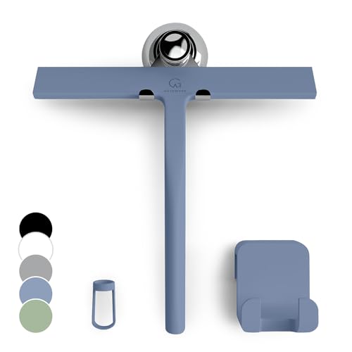 GÜTEWERK Silicone Shower Squeegee for Glass Doors & Mirrors with Stainless Steel Core, Streak-Free & No-Squeak Window Cleaning, 3-in-1 No-Drill Mount (Hook/Suction/Adhesive),Blue, 9 Inches - color: Blue, size: 9 Inches
