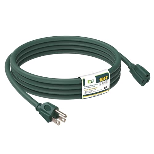EP 10FT Green Outdoor Extension Cord, 16/3 SJTW Heavy Duty Waterproof, 3 Prong Grounded Plug, 13A 1625W 16AWG, Cold-Resistant Flexible Power Cable for Garden, Home, Christmas Lights - color: Green, size: 10ft-1PK