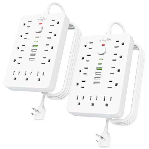 JouleLoom 2 Pack 6 FT Flat Plug Surge Protector Power Strip,11 Multiple AC Outlets with 6 USB Ports (2 USB C), 6 Feet Extension Cord, 1250W/10A, One Touch Switch Button, 17 in 1 Compact powerstrip - color: White, size: 6 Ft-2pack